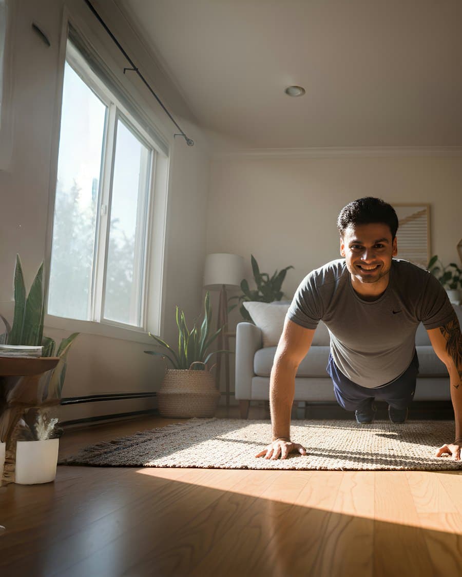 Proof photo: push-ups in a sunlit living room